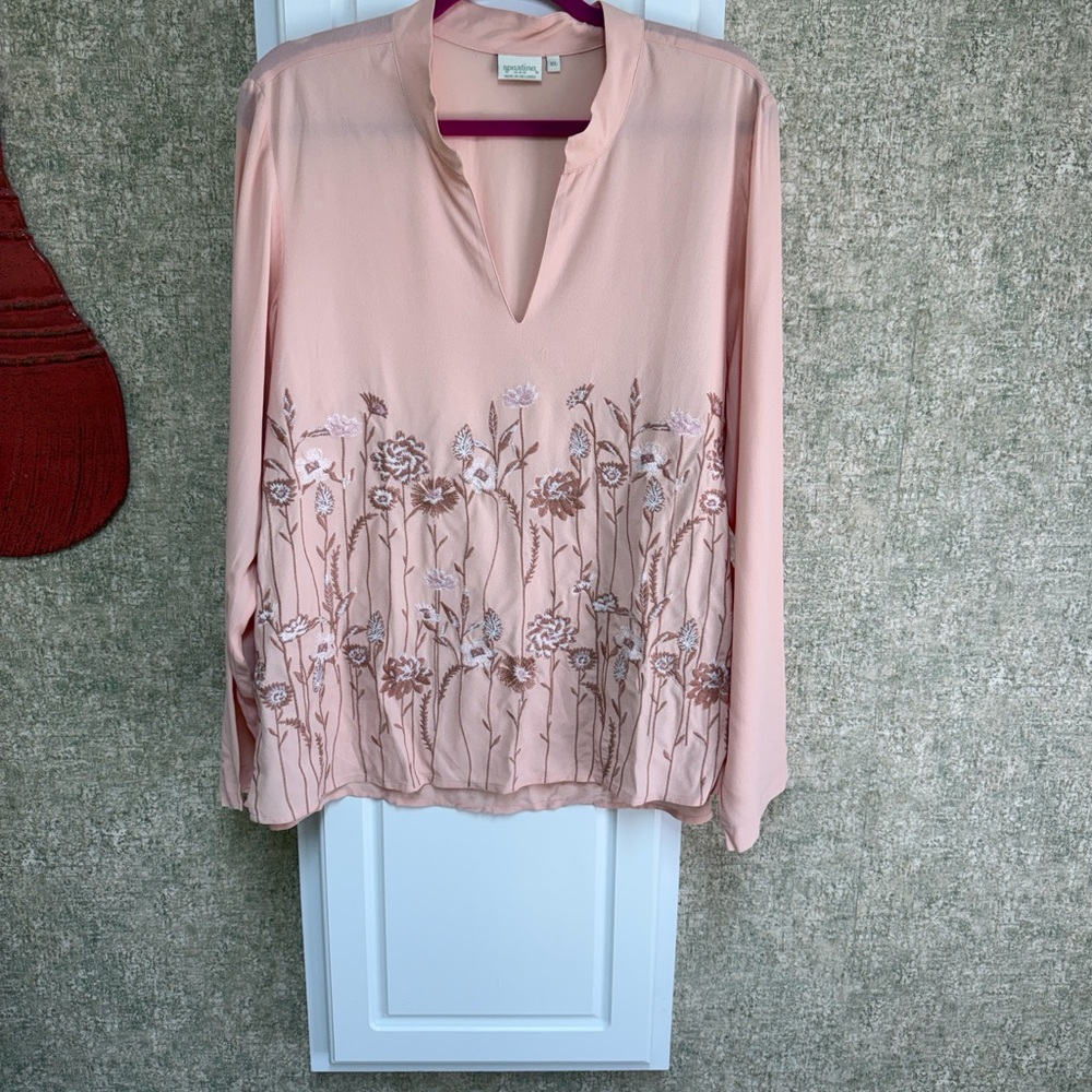 NWT Spartina 449 Blush Pink Floral-Embroidered V-Neck Long Sleeve Top NWT XL - Picture 2 of 8